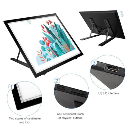 DONPODER A3 Light Pad,LED Light Board for Diamond Painting,Tracing&Drawing | 5500 Lux Bright Light,10 Brightness Levels,9-Level Adjustable Stand,Side Buttons Prevent Accidental Touches,USB-C Connection - size: A3-1color-with stand