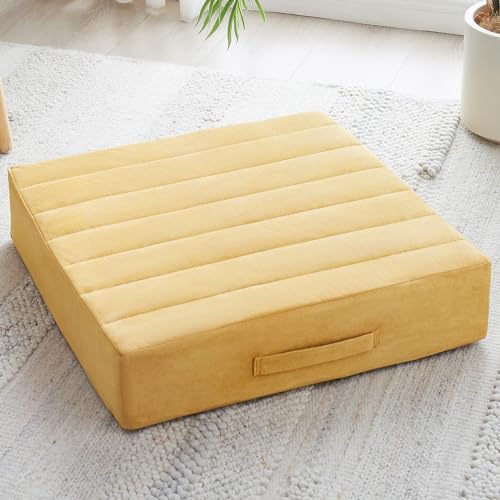 JKMAX 22 inches Floor Pillow for Adults - Large Meditation Cushion with Thick Foam & Soft Tufted Cover - Premium Outdoor Square Floor Cushion Seat - Yoga Pillows for Sitting On Floor - Yellow - color: Yellow, size: 1 Count