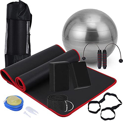 Yoga Mat Set for Beginners,Yoga Mat with Carrying Strap,Yoga Blocks 2 Pack with Yoga Strap,Yoga Ball,Ankle Puller,11-Piece Yoga Kits and Sets for Beginners,Yoga Starter Kit for Women Men - color: Black