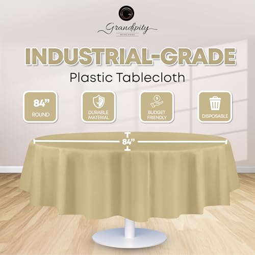 Grandipity Plastic Table Cloth Disposable 12 Pack 84" Round Beige | Plastic table covers, durable disposable tablecloths, fade and tear-resistent table cover for party, event - color: Beige, size: 84in. Round