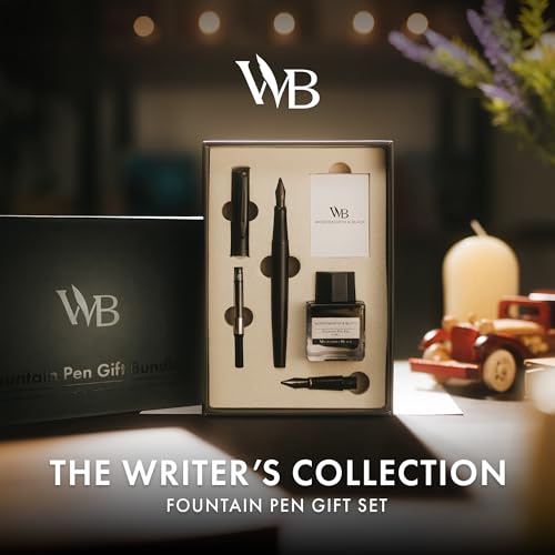Wordsworth & Black Fountain Pen Gift Set, Medium & Extra Fine Nib,All Black | For Men & Women, Brass Body, 18K German Iridium, Ink Bottle + 6 Cartridges, Converter, Writing & Calligraphy, Journaling - color: All Black