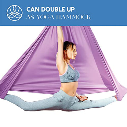 Aerial Silks Starter Kit, 9 Yards, Aerial Yoga Hammock, Hardware | Knitted fabric with pose guide, for aerial yoga, gymnastics, silk swing, stretching and home gym use, suitable for all levels - color: Lavender