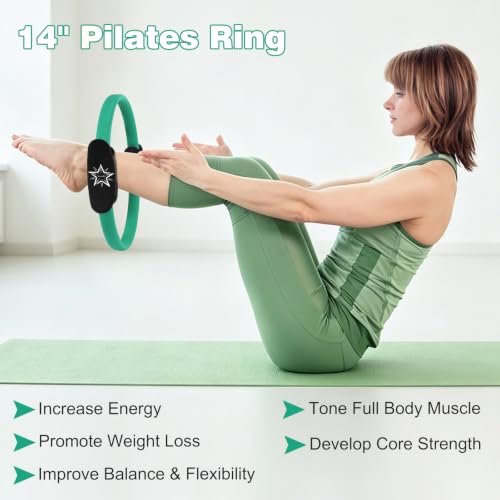 Pilates Ring 14"Pilates Circle with Foam Padded Handles Home Workout | Magic Circle Pilates Ring, Inner Thigh Toning, Core & Full Body Training, Yoga Ring for Women & Men - color: Green