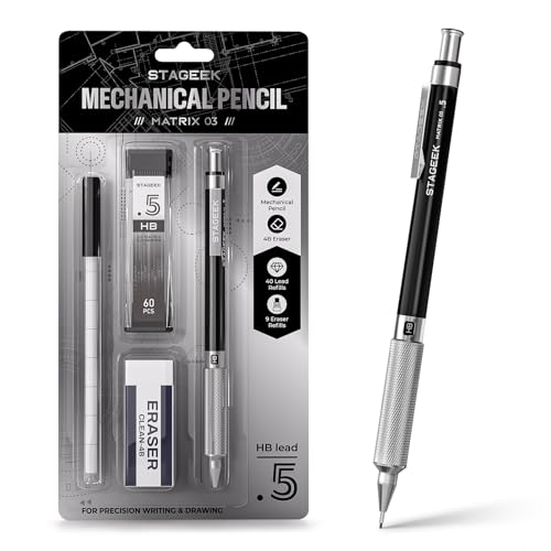 STAGEEK 0.5mm Mechanical Pencil, Drawing Pencil, with Eraser, 60 HB Leads | Professional Metal Art & Drafting Pencil, for Artists, Students, School, Office, Writing, Sketching, Black - color: Black