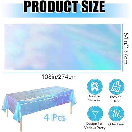 OQOQ Iridescent Light Blue Table Cloths (4 Packs) - 54x108 Inches Blue Party Tablecloth Rectangular Disposable Plastic Table Cover for Birthday Summer Gender Reveal Ocean Mermaid Party - color: Light Blue