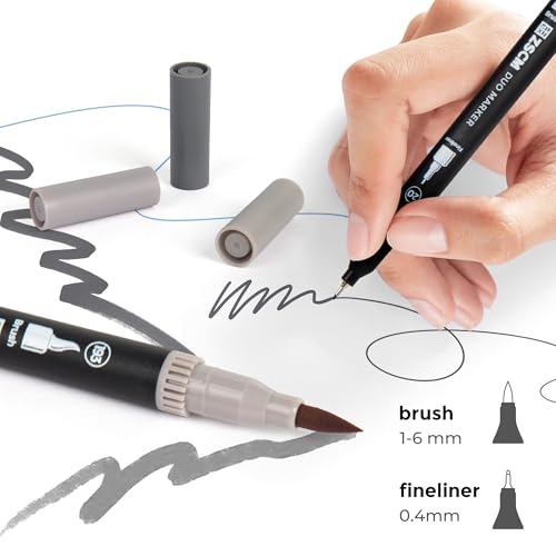 Gray Duo Tip Marker Pens, 12 Fine & Brush Tip Pen For Adult Coloring Books | No Bleeding Neutral Gray Markers, Drawing Pen for Shading, Urban Sketches, Architectural Drawings and Realistic Textures - color: 12 Gray