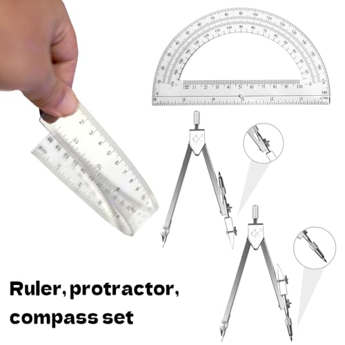 3 Packs Plastic 12 Inch Ruler,6 Inch Clear Protractor and Compasses Set Student Geometry Math Set for Classroom Set Angle Detector School Supplies Classroom Ruler Home Office Drawings
