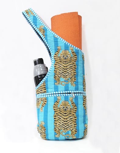 INDIAN CRAFT CASTLE Yoga Mat Bag | Tote Mat Bag | Sling Yoga Tote w/Large Side Pocket & Zipper Pocket | Yoga Mat Carrier Fits Most Size Mats - color: Aqua and Yellow