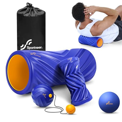 Sportneer 4 in 1 Pilates Foam Roller Muscle Relax Kit | with 2 Textured Foam Rollers Stringed Exercise Ball, Lacrosse Ball for Muscle Shoulder Back Leg Whole Body Relax Fitness Yoga - color: Blue