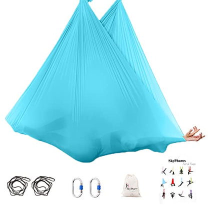 5.5 Yards Aerial Silks Yoga Swing Set - Aerial Yoga Hammock Kit Anti-Gravity Flying for Fitness, Low/Non Stretch Nylon Tricot Fabric Hardware Included for Dance - color: AQUA BLUE