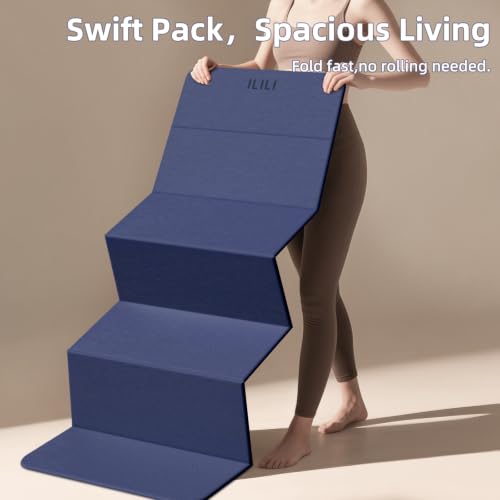ILILI Foldable Yoga Mat 10mm, Extra Thick, Extra Long, 75x26x0.4 Inch, TPE | Non-Slip Grip, Easy Carry&Storage, Comfort Cushion, SGS Safe, Suitable for Yoga, Pilates, Home Exercise&Outdoor Travel - color: Navy Blue+Black