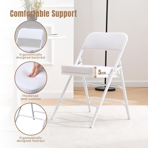 Padded Folding Chair Indoor Metal Frame Foldable Chair White | Comfortable Thick Vinyl Cushion Seat Durable Elegant Upholstered Single Chair for Small Space Home, Office and Events - color: White