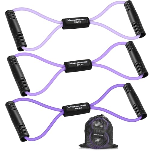 RENRANRING Figure 8 Fitness Resistance Bands with Handles - Exercise Tube Band Set of 3 for Arm and Shoulder Stretch, Rope 8 Word Elastic for Women and Men - color: Purple series, size: 3pcs