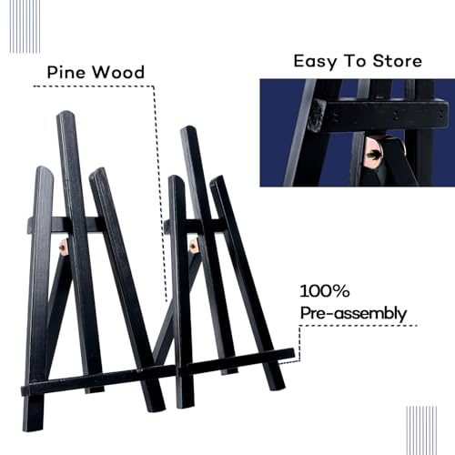Artkey Black Wooden Display Easel Stand, 13 Inch Folding Tabletop A-Frame Mini Easels for Canvas, Photos, Wedding Signs & Menus, Solid Radiata Pine Wood, 2 Pack - color: Black