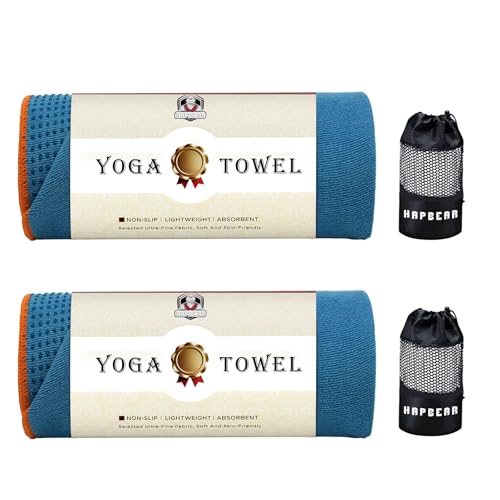 HAPBEAR 2 Pack Non Slip Yoga Mat Towel with Grip Dots, 72" x 24" Hot Yoga Towel - Super Absorbent Microfiber Yoga Towel for Hot Yoga, Bikram, Pilates and Gym Workout - Blue - color: Blue (2 Pack)