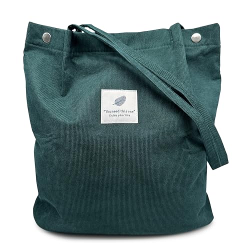 Aphoraeny Corduroy Tote Bag for Women Cute Totes Shoulder Bag with Inner Pocket for Work Beach Shopping Travel Grocery - color: Dark Green