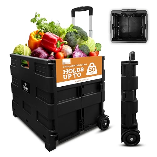 Inspired Living Ultra-Slim Rolling Collapsible Storage Pack-N-Roll Utility-carts, with Telescopic Handle, for Home, Garden, Shopping, Office, School use, Medium, Black - color: Black, size: Medium/ No Lid