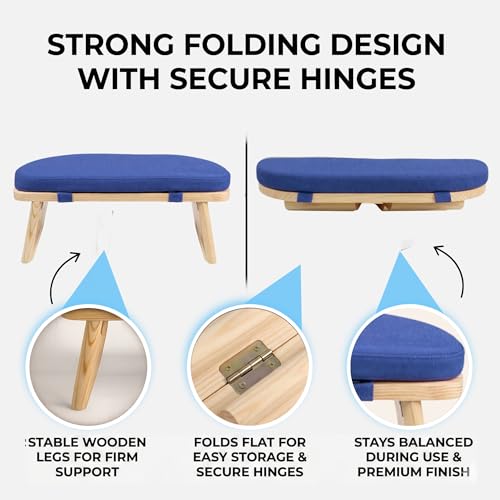 Yogikuti Folding Meditation Bench, Purple | Removable Cushion, Wooden Seiza Kneeling Stool, Ergonomic Meditation Seat, for Home & Yoga Studio, Comfortable Posture (Blue) - color: Blue