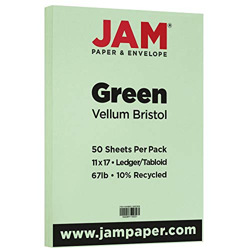 JAM PAPER Vellum Bristol 65lb Cardstock - 11 x 17 Ledger Size Coverstock - 147 gsm - Green - 50 Tabloid Sheets/Pack - color: Green, size: 11" x 17"