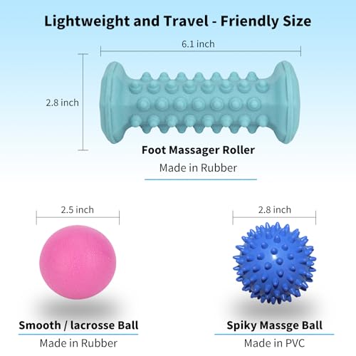 Blue Foot Massager Roller Set for Plantar Fasciitis, Arch&Heel Pain Relief | Includes Foot Roller, lacrosse and spiky massage balls for deep tissue trigger point muscle therapy and neuropathy relief - color: Blue Combination