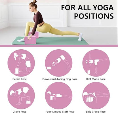 MAOMUN 6 Yoga Blocks 2 Pack with Yoga Strap and Beveled Edges, Anti-Slip Pilates Block Set Yoga Brick, Soft Lightweight Pilates Accessories for Balance Stability Stretching Pilates