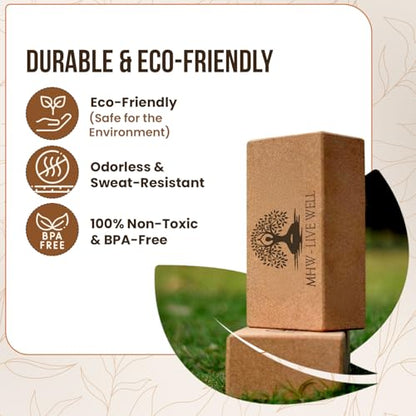MHW - LIVE WELL Cork Yoga Block – Natural Anti-Slip Yoga Block for Stability & Deepening Poses - 9x6x3 Inches, Single (Cork, Pack of 2)