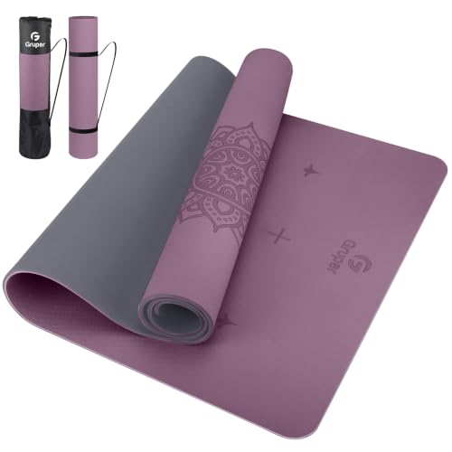 Gruper Yoga Mat Non Slip TPE Extra Wide Yoga Mat with Alignment Mark, 72"L x 32"W x 0.32"/0.24"Th (183cm x 80cm x 8mm/6mm), Anti-Tear Exercise Mat with Carrying Strap and Bag, Workout Mats for Yoga, Pilates - color: Purple Gray, size: 0.32*32*72 Inches