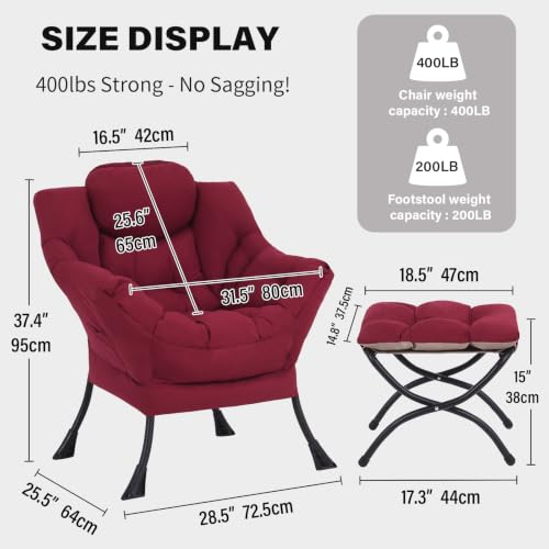 Tiita Lazy Chair with Ottoman, Comfy Reading Accent Chair, Burgundy | Foldable Footrest, Padded Seat and Backrest, Side Pocket for Lounging in Living Rooms, Bedrooms, Dorms and Small Spaces - color: Burgundy