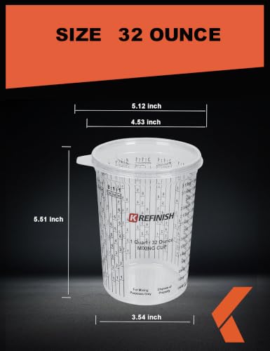 KREFINISH 32 OZ Paint Mixing Cups Graduated Disposable Clear Plastic Epoxy Measuring Cups (Box of 96 Cups & 12 Lids) Use for Automotive Painting, Resin, Acrylic, Arts, Pigments - Mixing Ratios - size: 32 Ounce