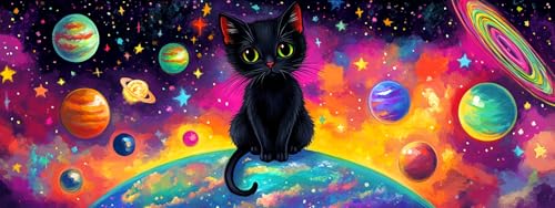 Bimkole Large Diamond Art Kits for Adults Cosmic Planet, Full Drill 5D DIY Rhinestone Embroidery Set Paint with Diamonds Art Cat by Number Kits Cross Stitch Home Wall Craft Decoration 31.5x11.81 Inch - color: Planet Cat