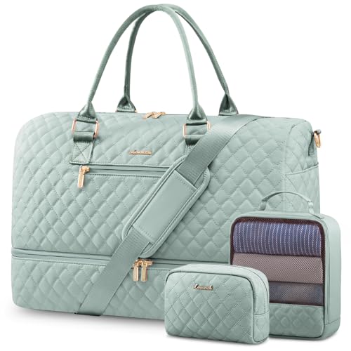 LOVEVOOK Travel Duffle Bag for Women, Weekender Overnight Bag with Shoe Compartment, Carry on Bag with Toiletry Bag, Gym Duffel Bag with Wet Pocket, Hospital Bags for Labor and Delivery 3 Pcs Set - color: Mint Green, size: Large