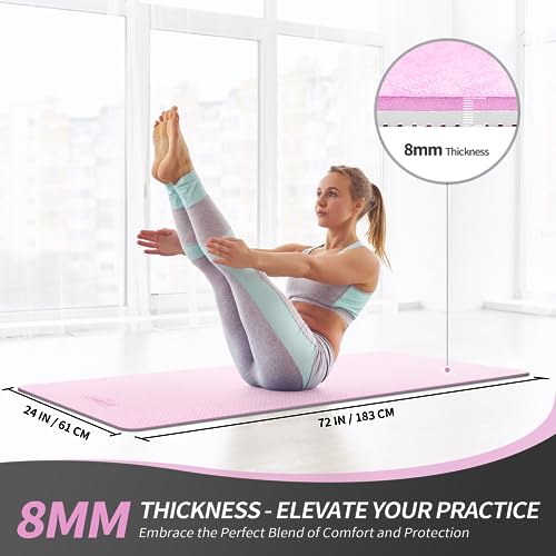 CAMBIVO Yoga Mat for Women Men Kids, 1/3 & 1/4 & 2/5 Inch Extra Thick Yoga Mat Non Slip, 72" x 24" TPE Yoga Mats, Workout Mat with Carrying Strap for Yoga, Pilates and Floor Exercises - color: Pink+Gray, size: 72*24*0.31 inch
