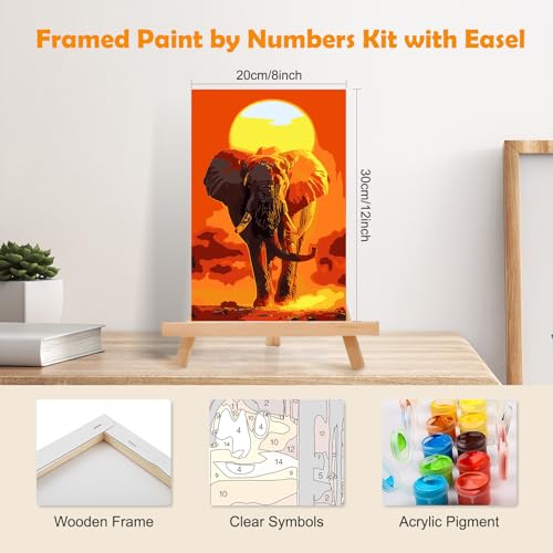 MOGTAA Paint by Numbers Kit for Adults with Frame, Elephant Paint by Number Canvas, Sunset Paint by Numbers with Easel, DIY Animal Oil Painting Kit for Home Wall Decor 8 x 12 Inch - color: Elephant