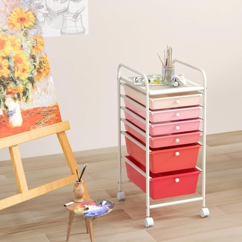 RELAX4LIFE 6-Drawer Rolling Storage Cart - Classroom Organization on Wheels w/Removable Plastic Drawers, Mobile Art Craft Cart for School Paper Home Office, Utility Cart with Drawers (Gradient Pink) - color: Gradient Pink