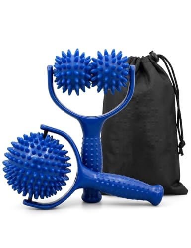 Spiky Massage Ball Roller with Handle (2 Pack) - Acupressure Deep Tissue Massager for Back, Neck, Foot & Plantar Fasciitis Relief - Premium Canvas Travel Bag - Muscle Recovery & Trigger Point Tool