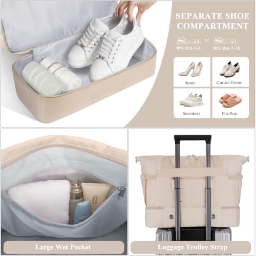Gym Bag for Women, 45L Carry On Travel Duffel Bag with Shoes Compartment - color: Brown, size: Large