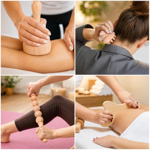 Ciieeo 6 Pcs Wood Therapy Massage Tools Set Wooden Roller Stick Massage Cups Therapy Tools for Body Shaping Office Fatigue Relief Circulation Support