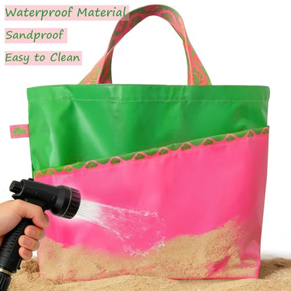 Large Foldable Waterproof Tote Bag, Heavy Duty for Beach & Swim - color: Green/Pink