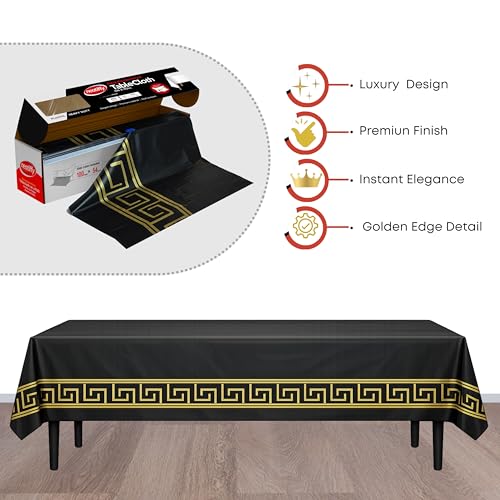 Neatiffy Disposable Plastic Table Cloth Roll with Slide Cutter | Waterproof Cover for Rectangle, Square, Oval Tables | Picnic, Party, Banquet, Weddings - Black with Gold Design - color: Black Golden Design, size: 54 inches X 100 feet
