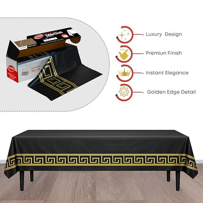 Neatiffy Disposable Plastic Table Cloth Roll with Slide Cutter | Waterproof Cover for Rectangle, Square, Oval Tables | Picnic, Party, Banquet, Weddings - Black with Gold Design - color: Black Golden Design, size: 54 inches X 100 feet