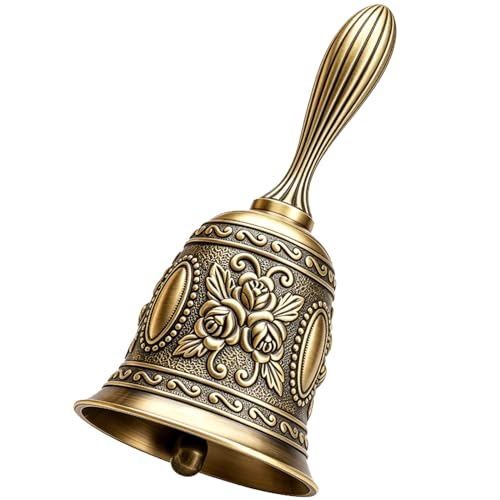 Vintage Brass Hand Bell,Dinner Bell,Embossed Metal Call Bell,1 Pack Small Retro Decorative Bells for Meditation, Home Kitchen Table Service Bell - color: Vintage Brass, size: 1-PACK