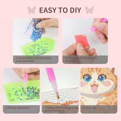 FlyingMage 5D Diamond Art Kits for Adults, Kawaii DIY Painting Art for Women, 4 Pack Cute Diamond Arts and Crafts Sets, Diamond Art Mosaic Kits,Big Gem Full Drill Diamond Dots, Cat - color: Multicolor Cute Cat