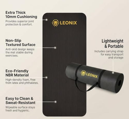 Thick Yoga Mat 10mm Non-Slip Exercise Mat for Home Gym – Extra Cushion Workout Mat for Women & Men, Anti-Tear, Comfort Knee Support – Leonix
