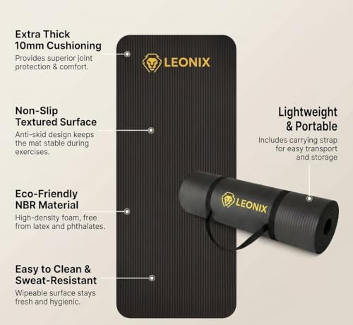 Thick Yoga Mat 10mm Non-Slip Exercise Mat for Home Gym – Extra Cushion Workout Mat for Women & Men, Anti-Tear, Comfort Knee Support – Leonix