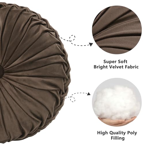 HIG Set of 2 Chocolate Velvet Decorative Round Pleated Throw Pillows - color: Chocolate
