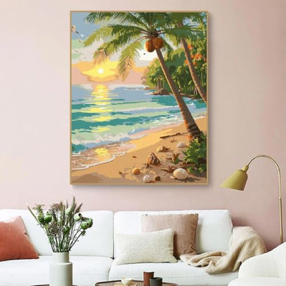 ZRIZQ Beach Paint by Numbers Kit for Adults Beginner,Landscape,16x20 | Full set with rich paints,wooden brushes,rolled canvas.Calming activity.Beginner friendly.Just open and paint. - color: 16"X20"Rolled Canvas-Beach 3