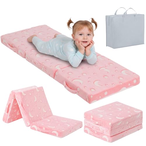 Tiita Foldable Floor Mattress for Kids-Glow in The Dark Toddler Nap Mat with Storage Bag, Portable Toddler Floor Futon Pad for Travel, Daycare, Camping, RV, Playroom, Pink Moon - color: Ink Moon, size: 57"L x 22"W x 3"Th