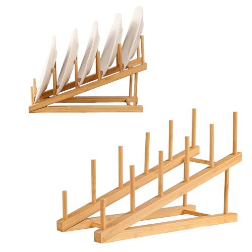 2 Pack Plate Stands for Display, 5-Tier Wooden Plate Rack Organizer | Plate Holder, Tabletop Display Stand for Book, Art Print, Photo, Puzzle, Magazine, Platter and Craft Show Vendor Booths - size: L-2 Pack