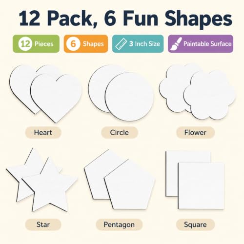 12 Pack Paintable Magnetic Canvas Boards, 3 Inch DIY Fridge Magnets | 6 paint-ready shapes, 2 each, for classroom crafts, fridge decor, party favors and handmade gifts - style: 6 Shapes-12pcs