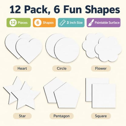 12 Pack Paintable Magnetic Canvas Boards, 3 Inch DIY Fridge Magnets | 6 paint-ready shapes, 2 each, for classroom crafts, fridge decor, party favors and handmade gifts - style: 6 Shapes-12pcs
